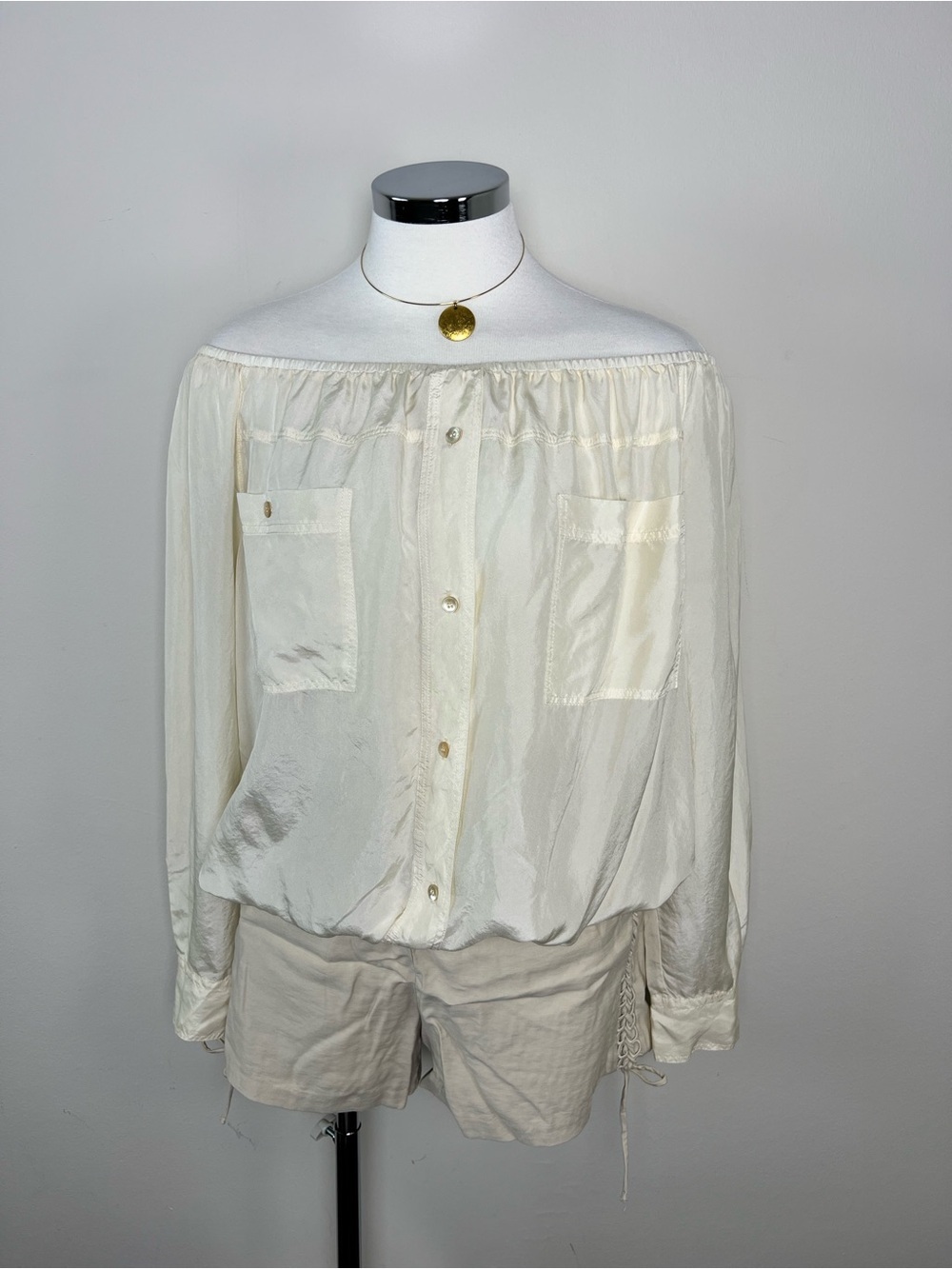 Forte_Forte 100% Silk Sheer Off Shoulder Blouse M Ivory Made Italy Euro Summer